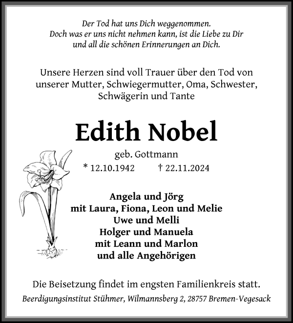 Traueranzeige von Edith Nobel von Die Norddeutsche