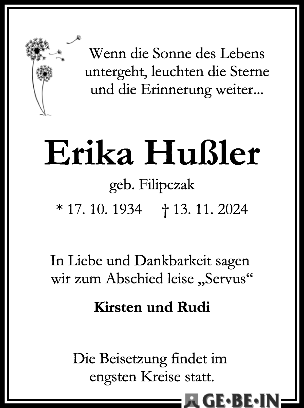 Traueranzeige von Erika Hußler von WESER-KURIER