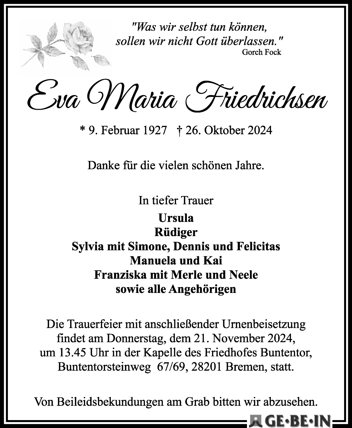 Traueranzeige von Eva-Maria Friedrichsen von WESER-KURIER