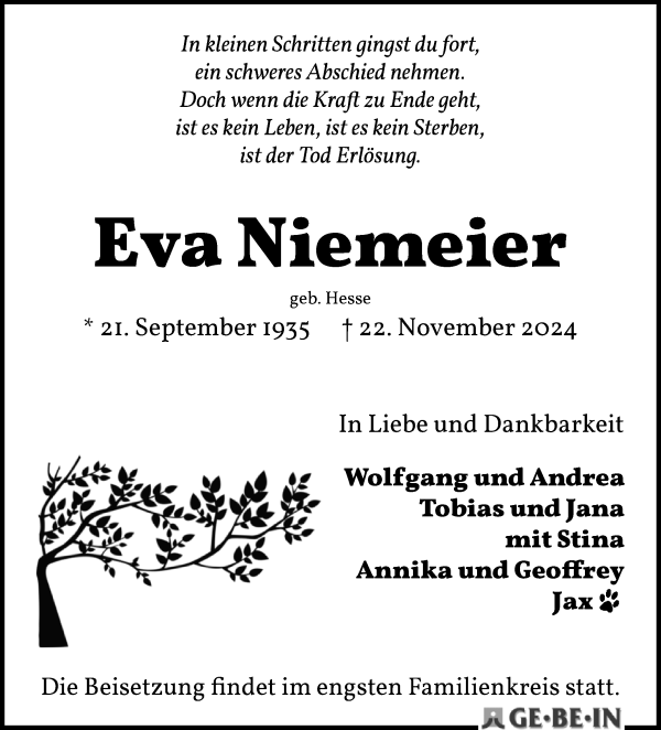 Traueranzeige von Eva Niemeier von WESER-KURIER