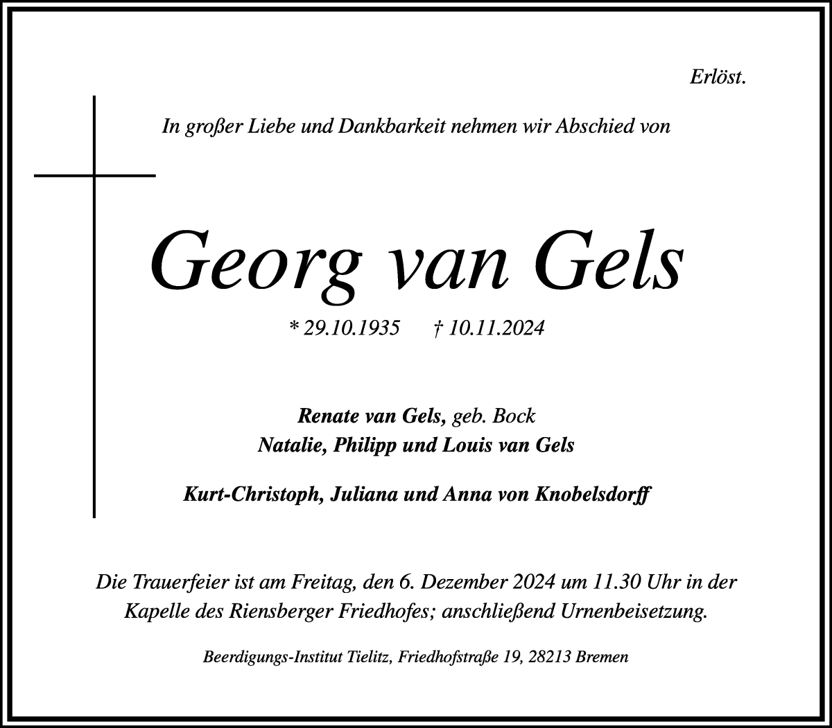 Traueranzeige von Georg van Gels von WESER-KURIER