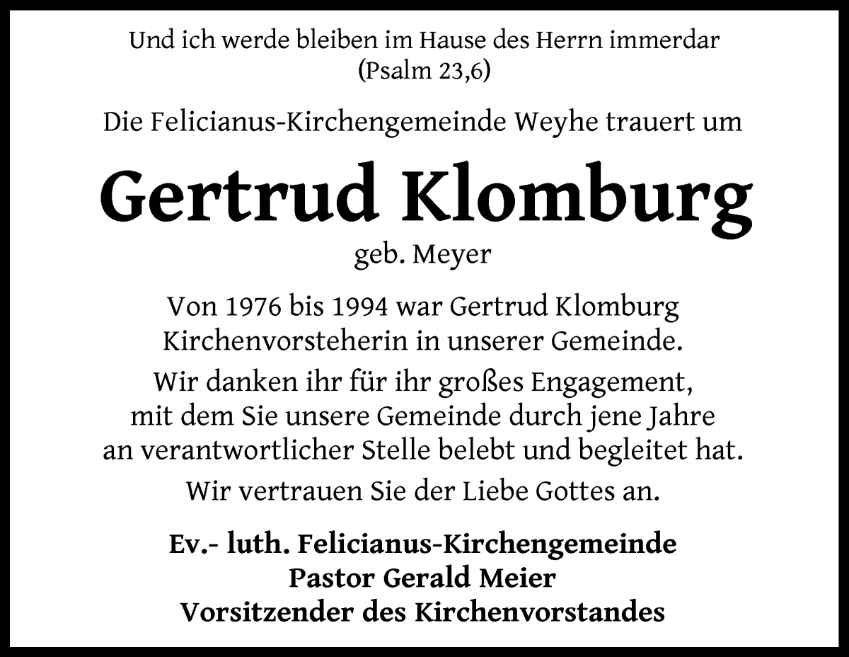 Traueranzeige von Gertrud Klomburg von Regionale Rundschau/Syker Kurier
