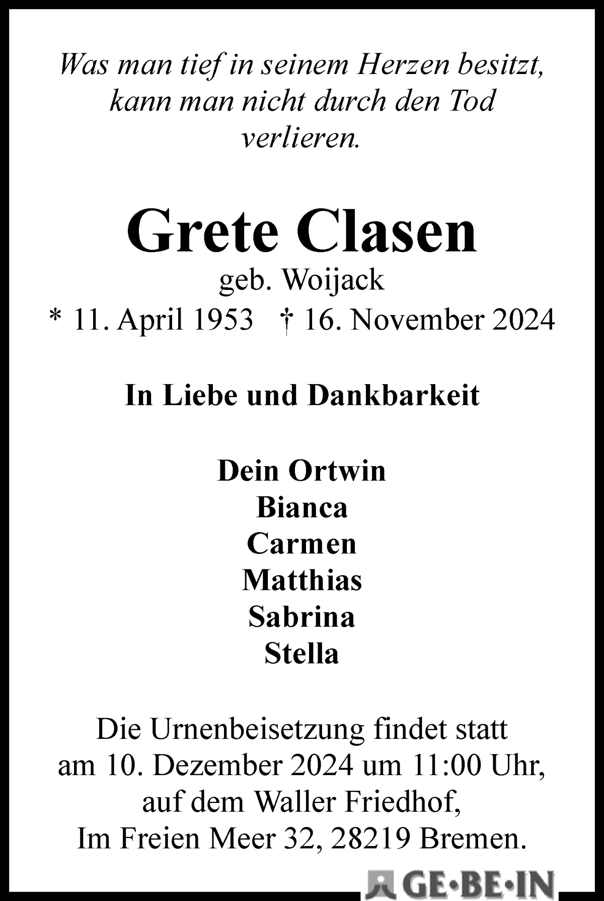 Traueranzeige von Grete Clasen von WESER-KURIER