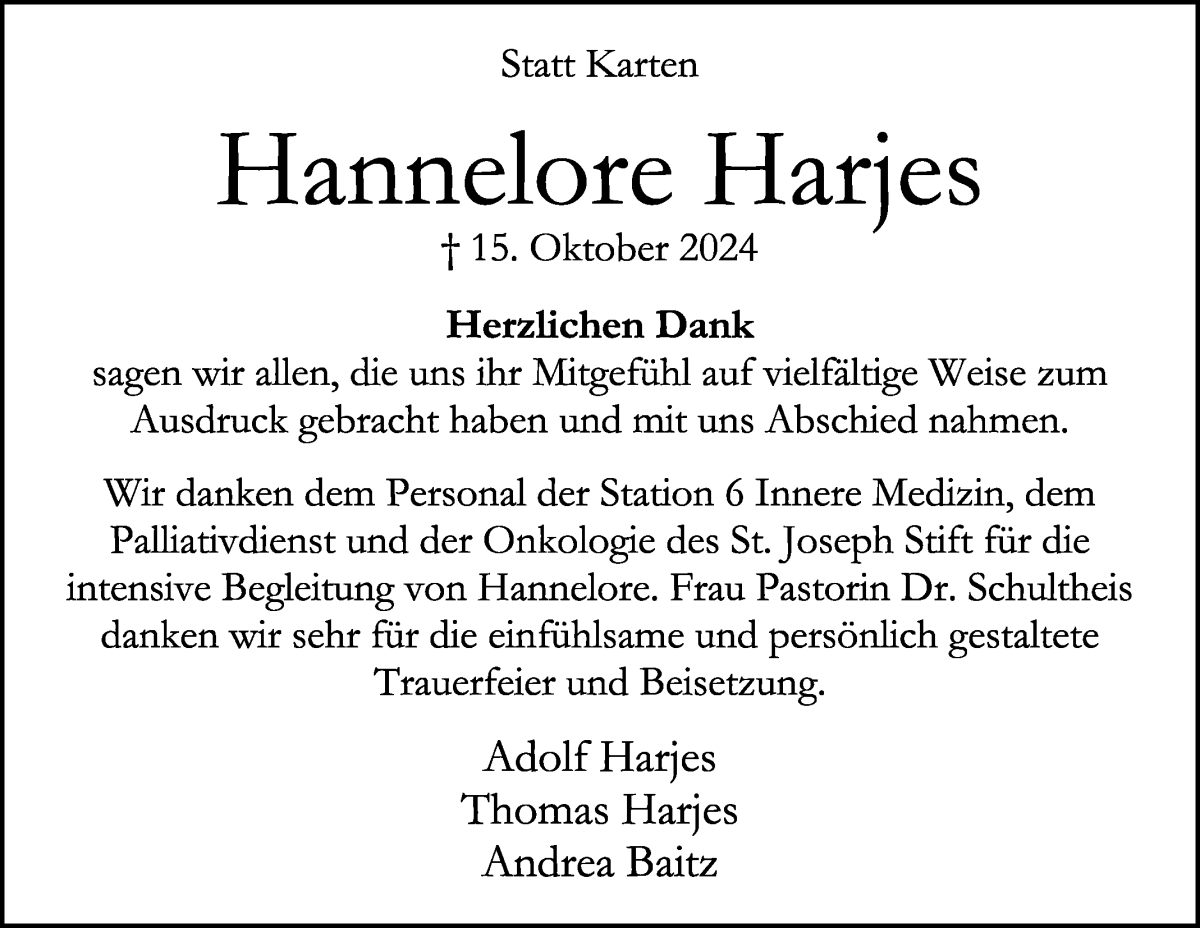 Traueranzeige von Hannelore Harjes von WESER-KURIER