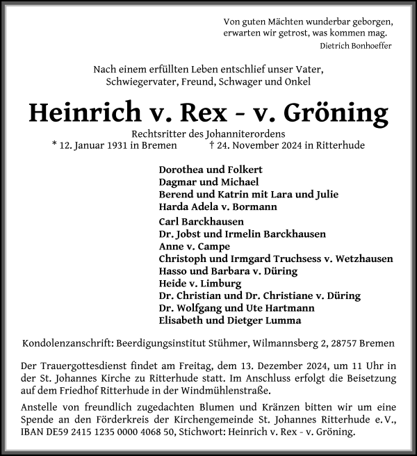 Traueranzeige von Heinrich v. Rex-v. Gröning von Osterholzer Kreisblatt