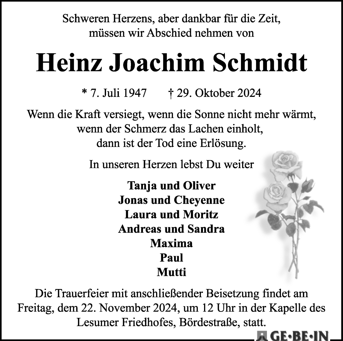 Traueranzeige von Heinz Joachim Schmidt von Die Norddeutsche