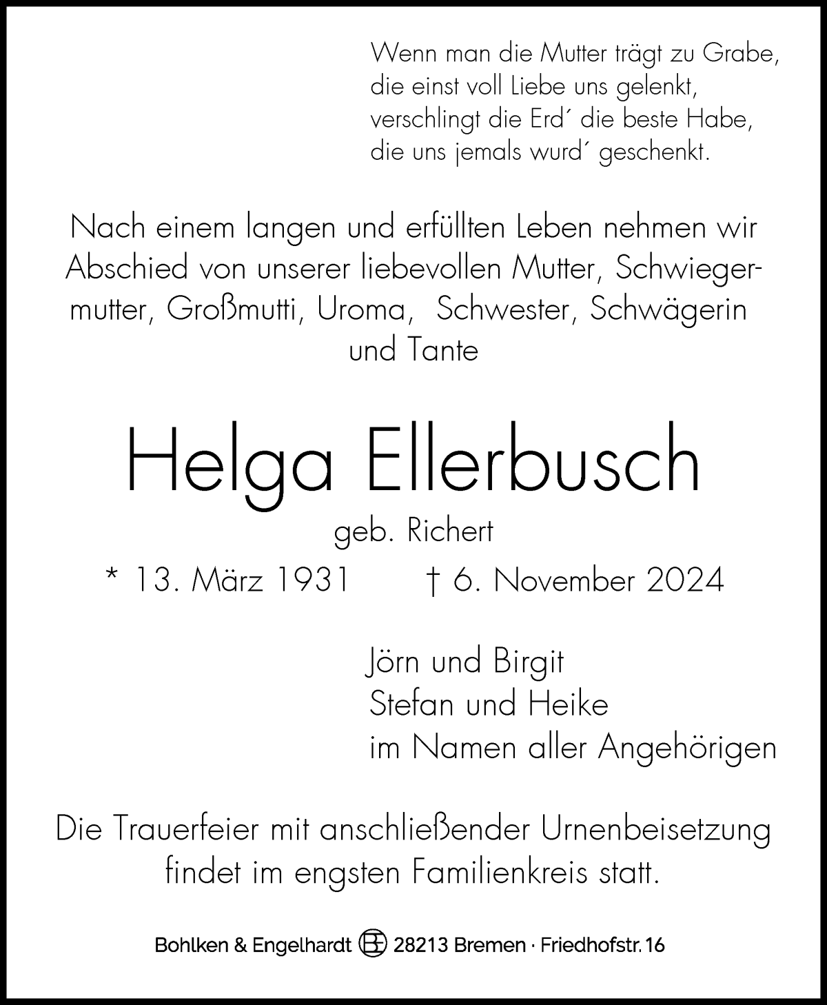 Traueranzeige von Helga Ellerbusch von WESER-KURIER