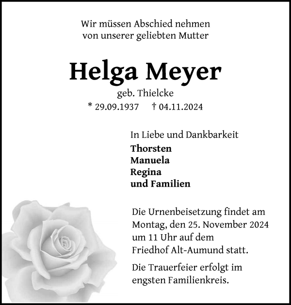 Traueranzeige von Helga Meyer von Die Norddeutsche