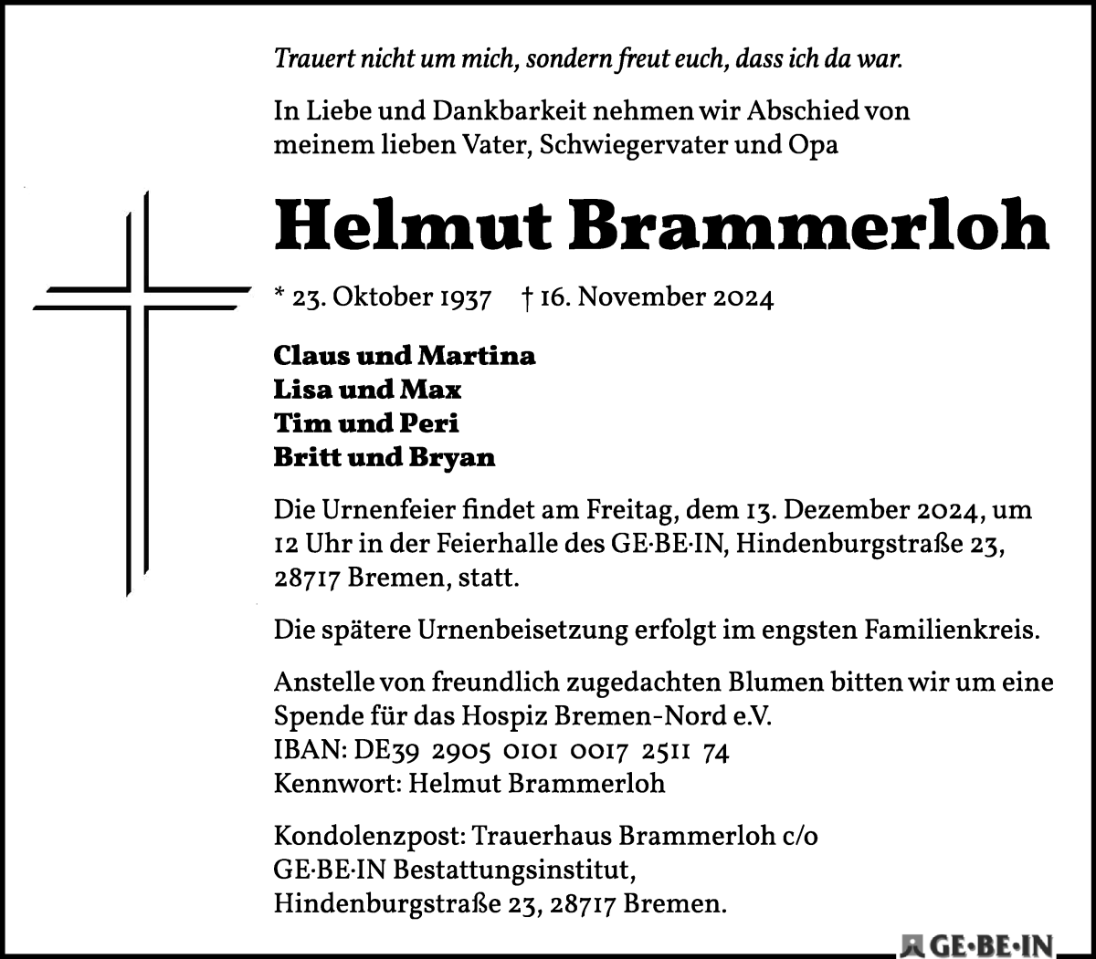 Traueranzeige von Helmut Brammerloh von Die Norddeutsche