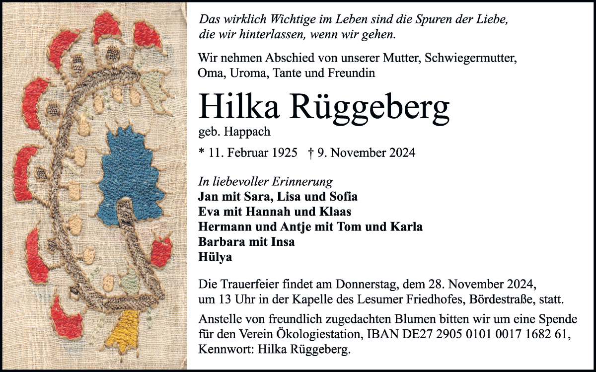 Traueranzeige von Hilka Rüggeberg von WESER-KURIER