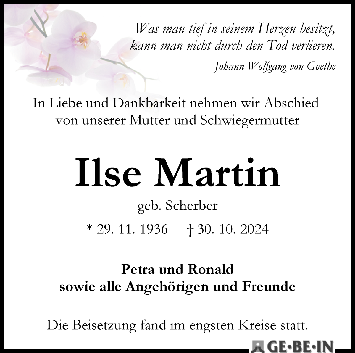 Traueranzeige von Ilse Martin von WESER-KURIER