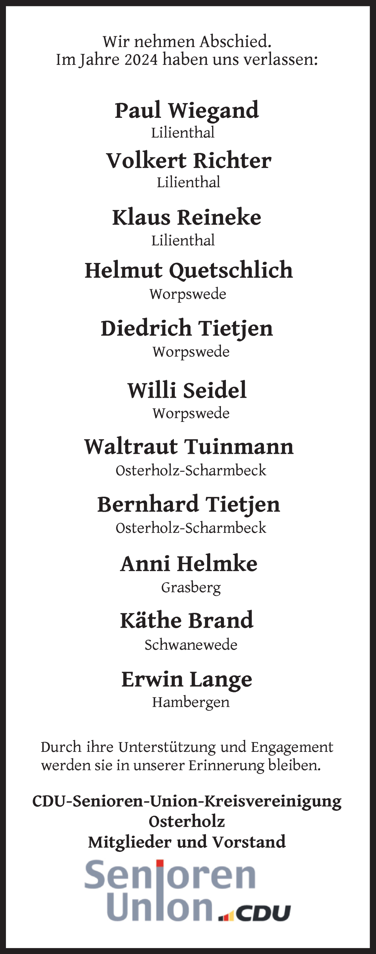 Traueranzeige von Im Gedenken 2024 von Osterholzer Kreisblatt