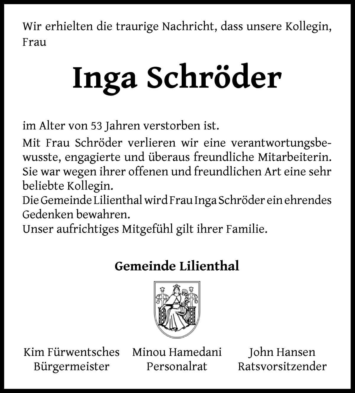 Traueranzeige von Inga Schröder von Wuemme Zeitung