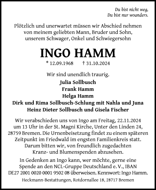 Traueranzeige von Ingo Hamm von WESER-KURIER