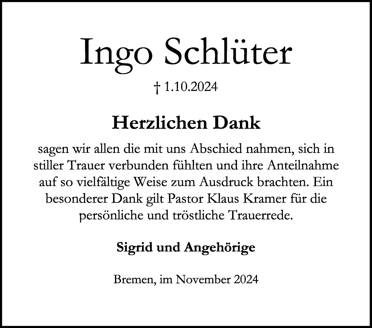 Traueranzeige von Ingo Schlüter von WESER-KURIER