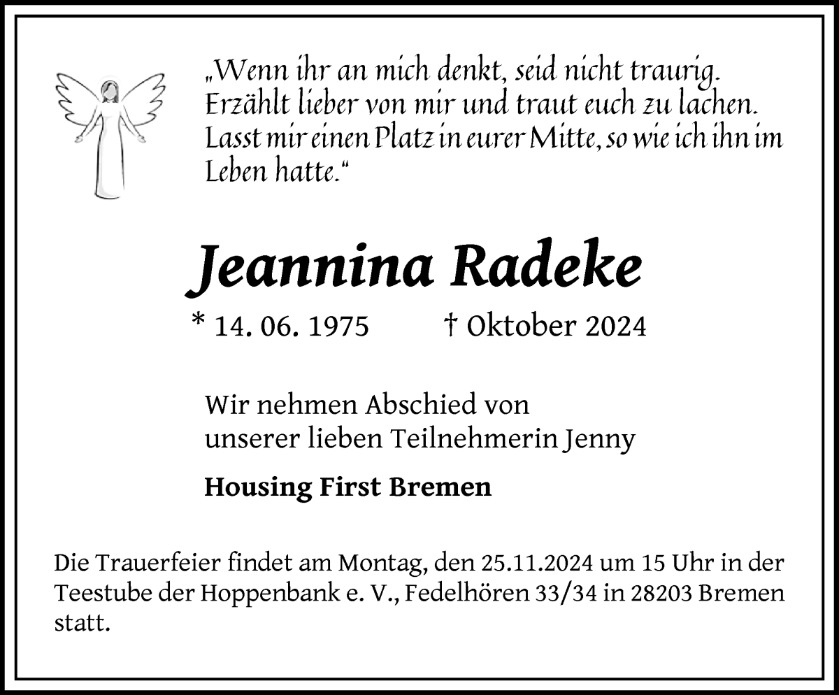 Traueranzeige von Jeannina Radeke von WESER-KURIER