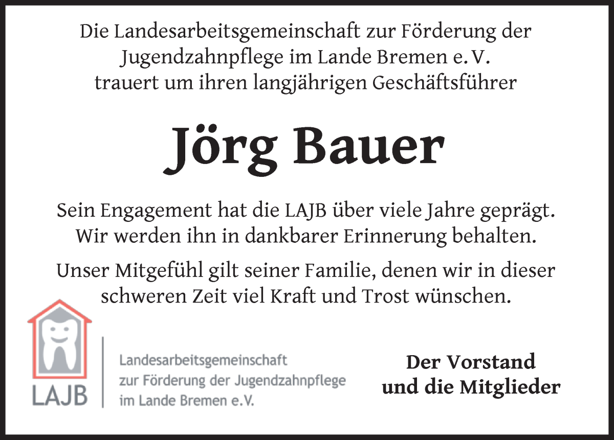 Traueranzeige von Jörg Bauer von WESER-KURIER