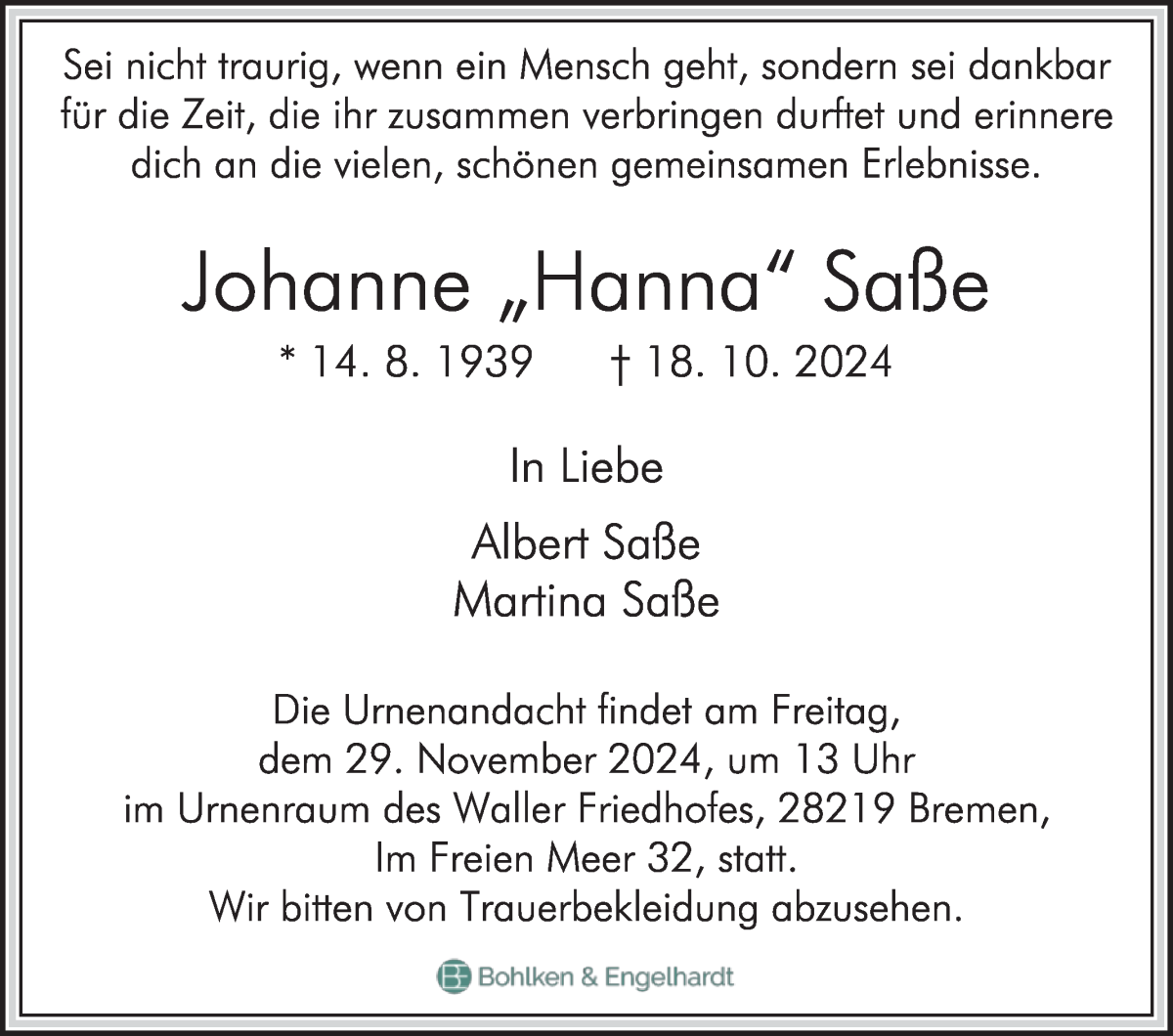 Traueranzeige von Johanne Saße von WESER-KURIER