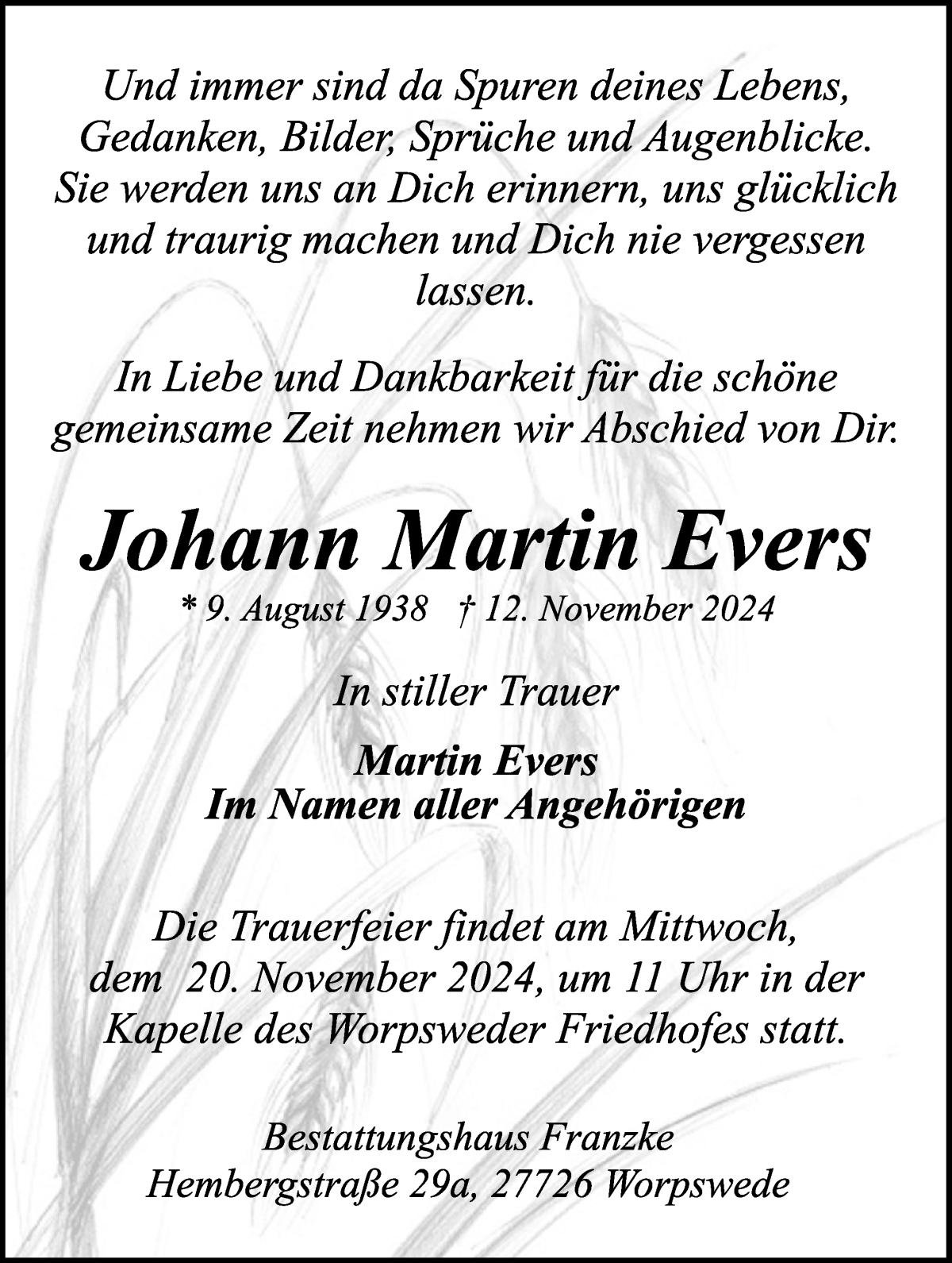 Traueranzeige von Johann Martin Evers von Wuemme Zeitung