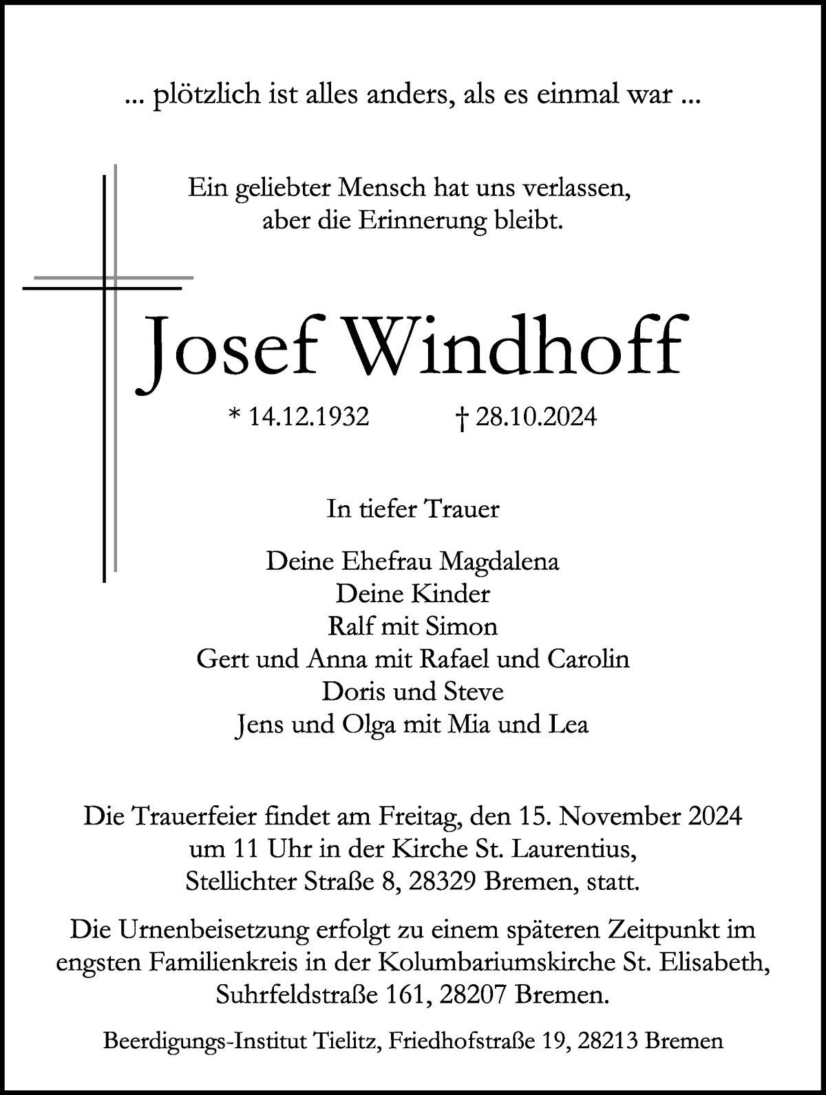 Traueranzeige von Josef Windhoff von WESER-KURIER