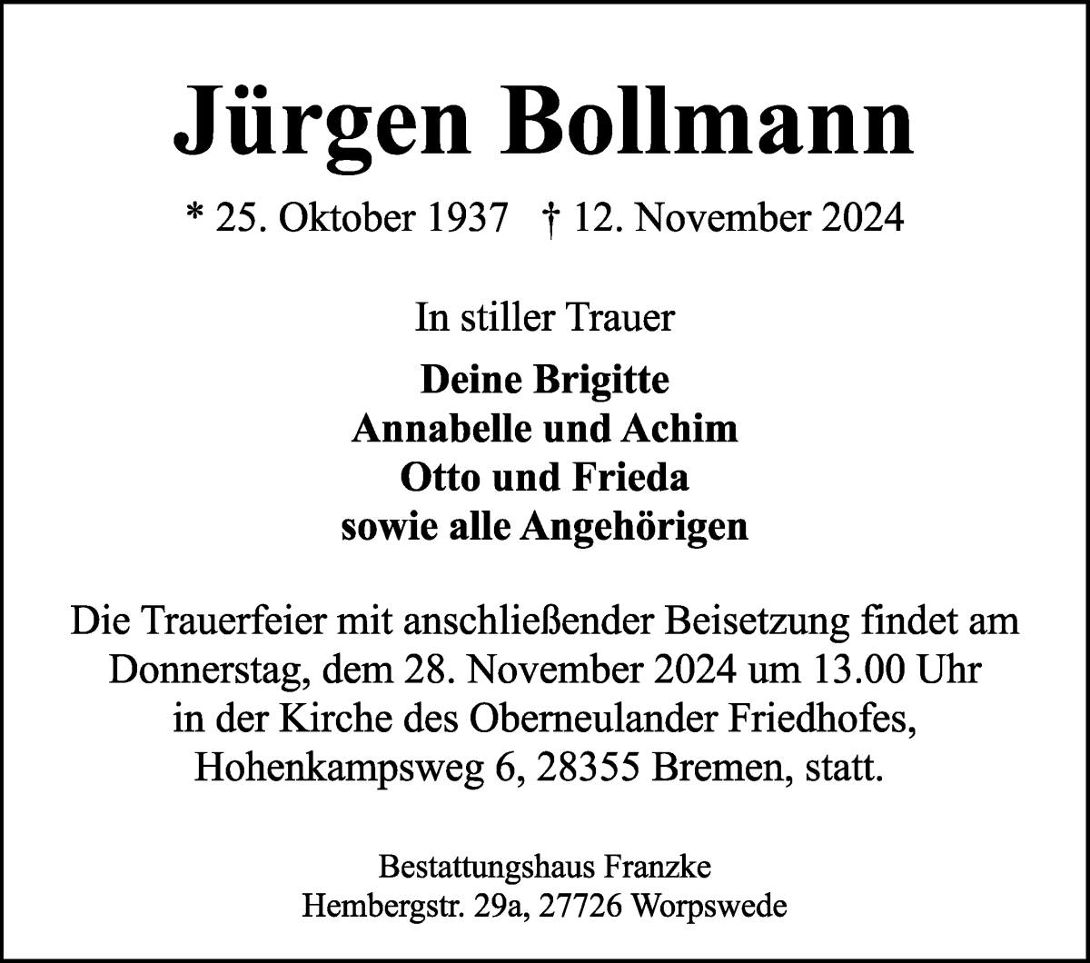 Traueranzeige von Jürgen Bollmann von WESER-KURIER