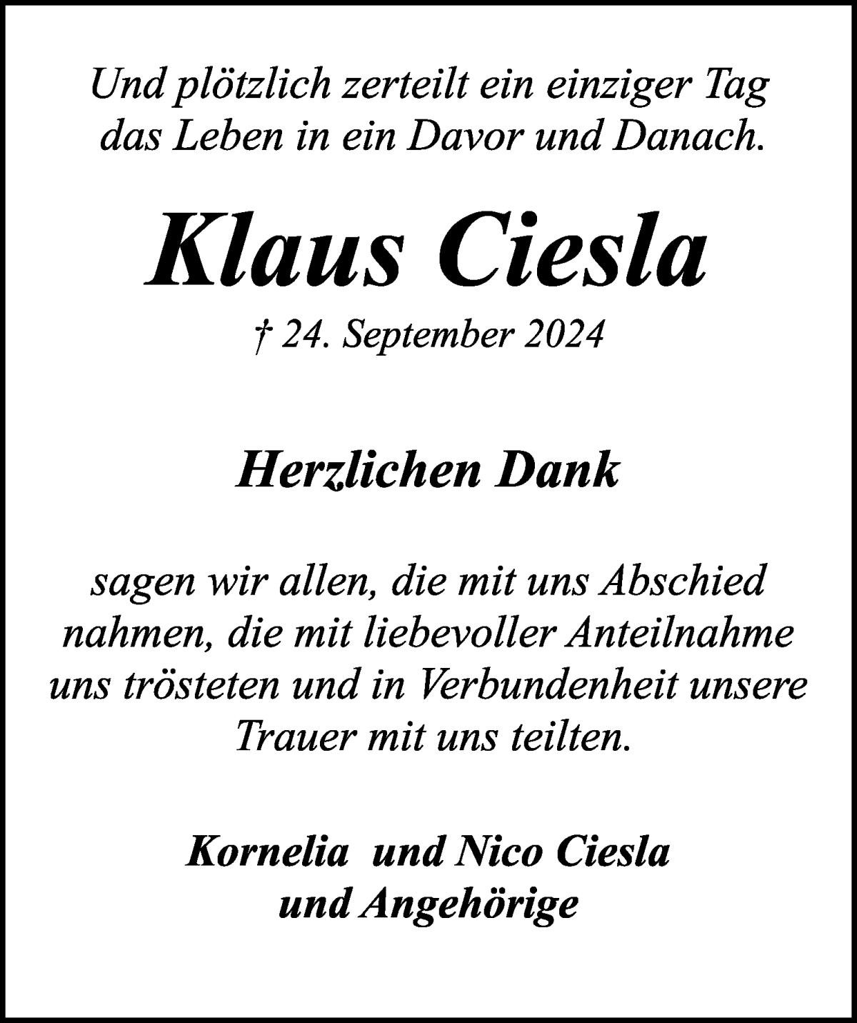 Traueranzeige von Klaus Ciesla von WESER-KURIER