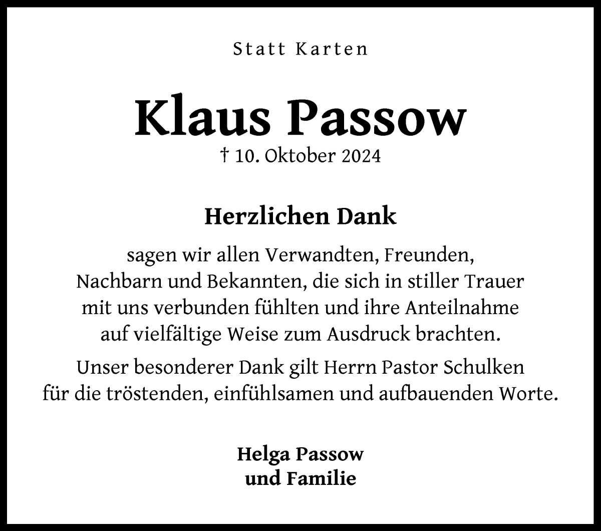 Traueranzeige von Klaus Passow von WESER-KURIER