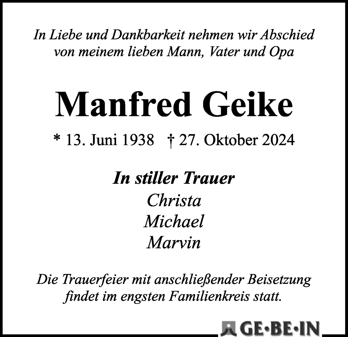 Traueranzeige von Manfred Geike von WESER-KURIER