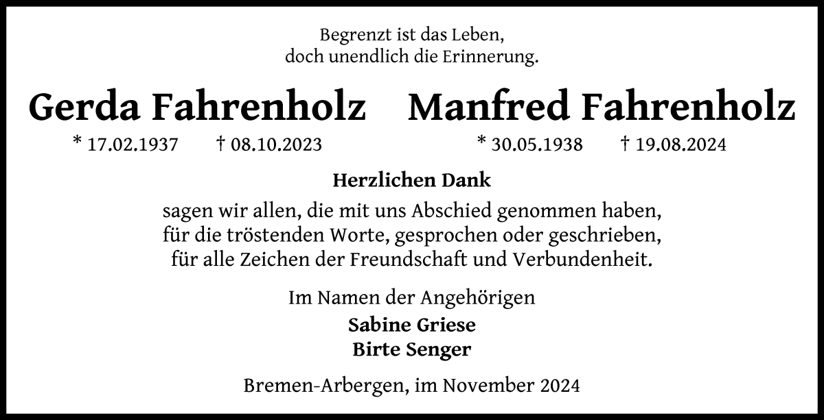 Traueranzeige von Manfred und Gerda Fahrenholz von WESER-KURIER