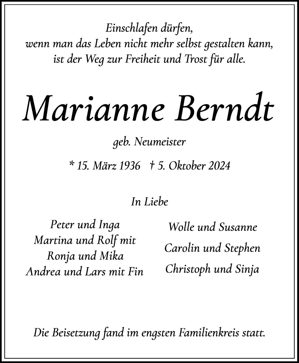 Traueranzeige von Marianne Berndt von WESER-KURIER