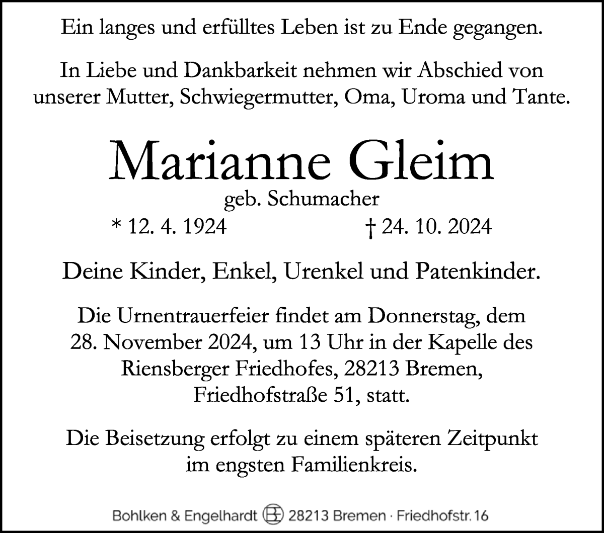Traueranzeige von Marianne Gleim von WESER-KURIER