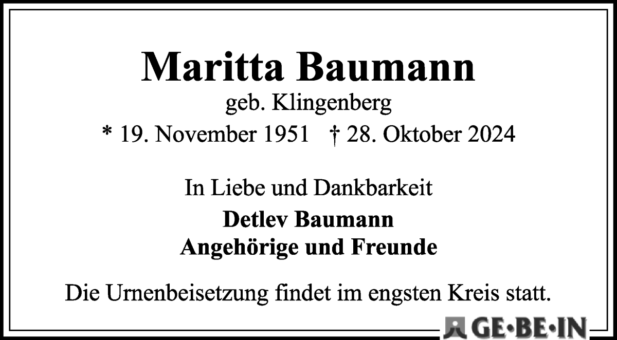 Traueranzeige von Maritta Baumann von WESER-KURIER