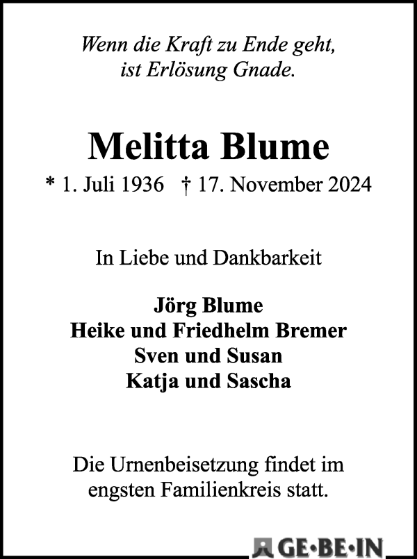 Traueranzeige von Melitta Blume von WESER-KURIER