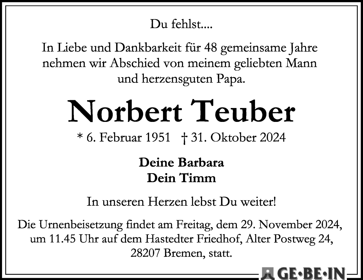 Traueranzeige von Norbert Teuber von WESER-KURIER