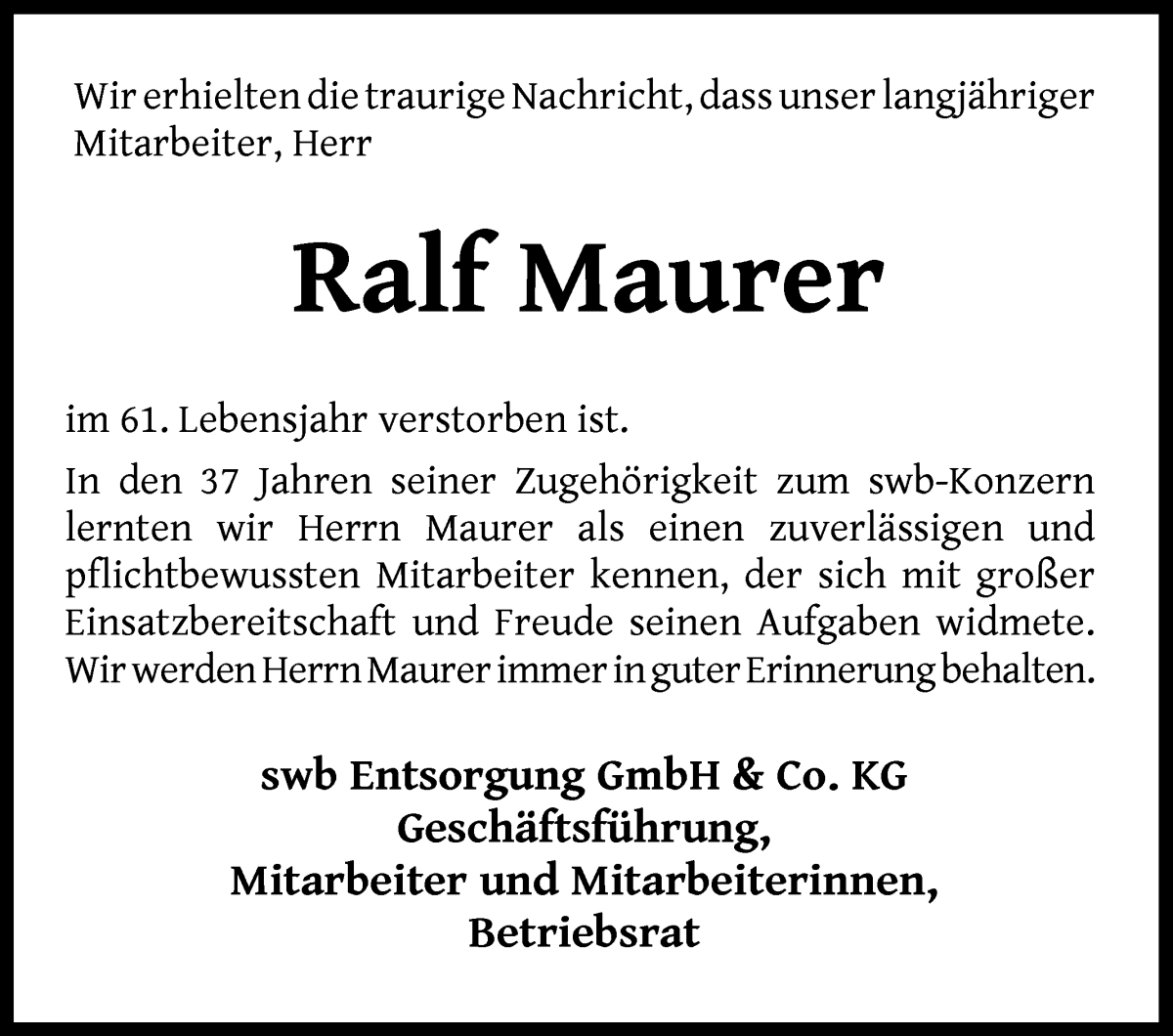 Traueranzeige von Ralf Maurer von WESER-KURIER