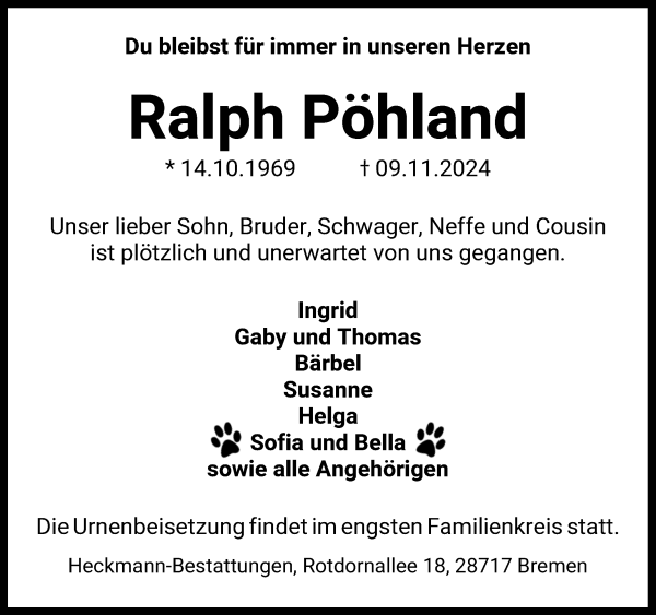 Traueranzeige von Ralph Pöhland von WESER-KURIER