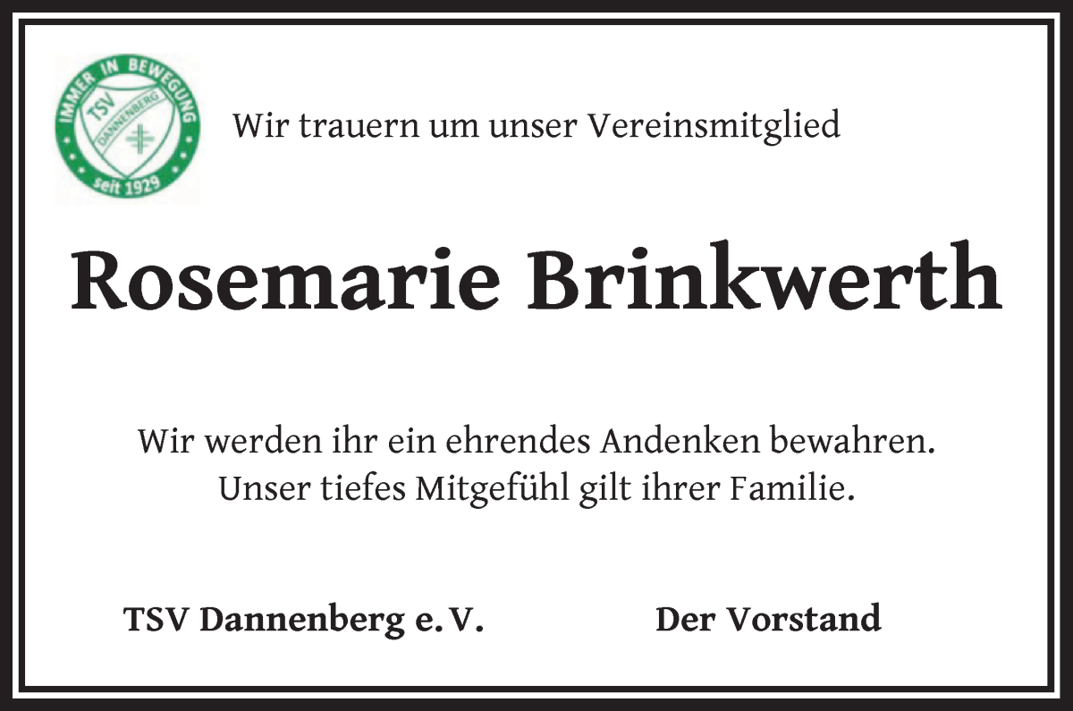Traueranzeige von Rosemarie Brinkwerth von Wuemme Zeitung