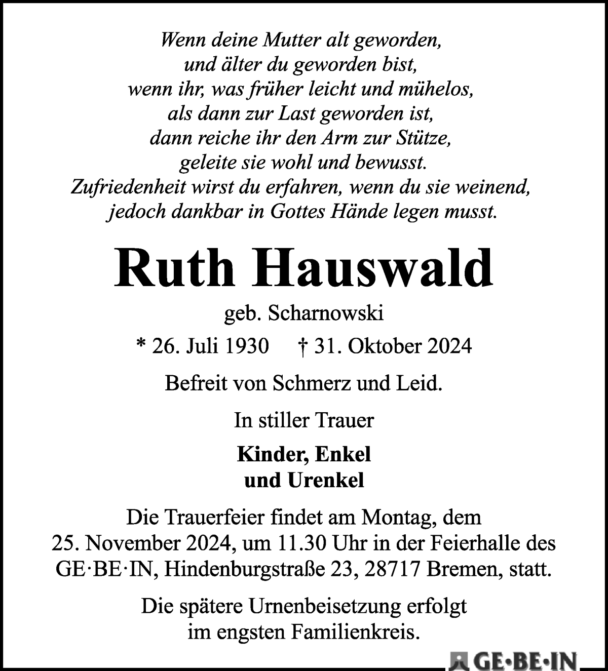 Traueranzeige von Ruth Hauswald von WESER-KURIER