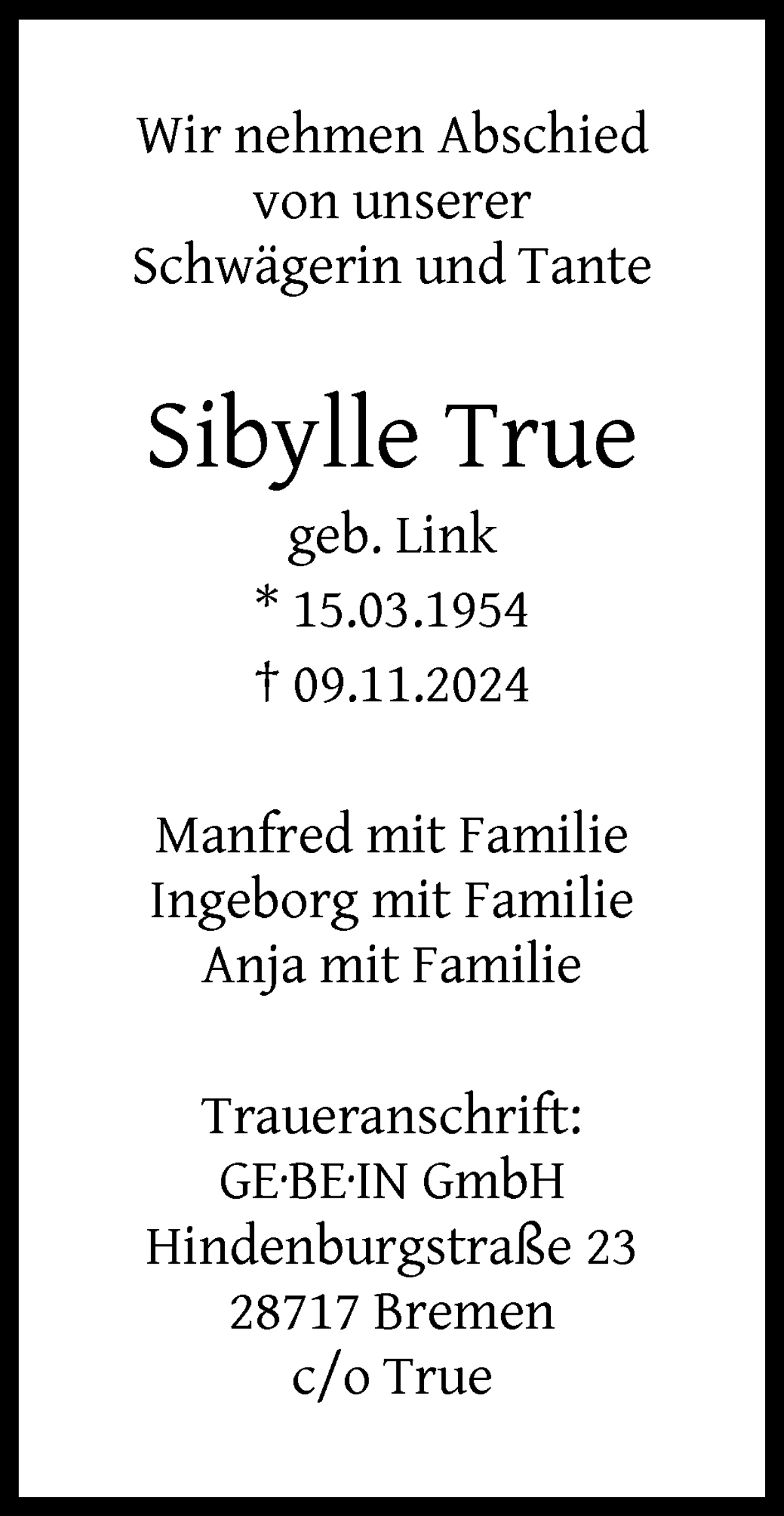 Traueranzeige von Sibylle True von WESER-KURIER