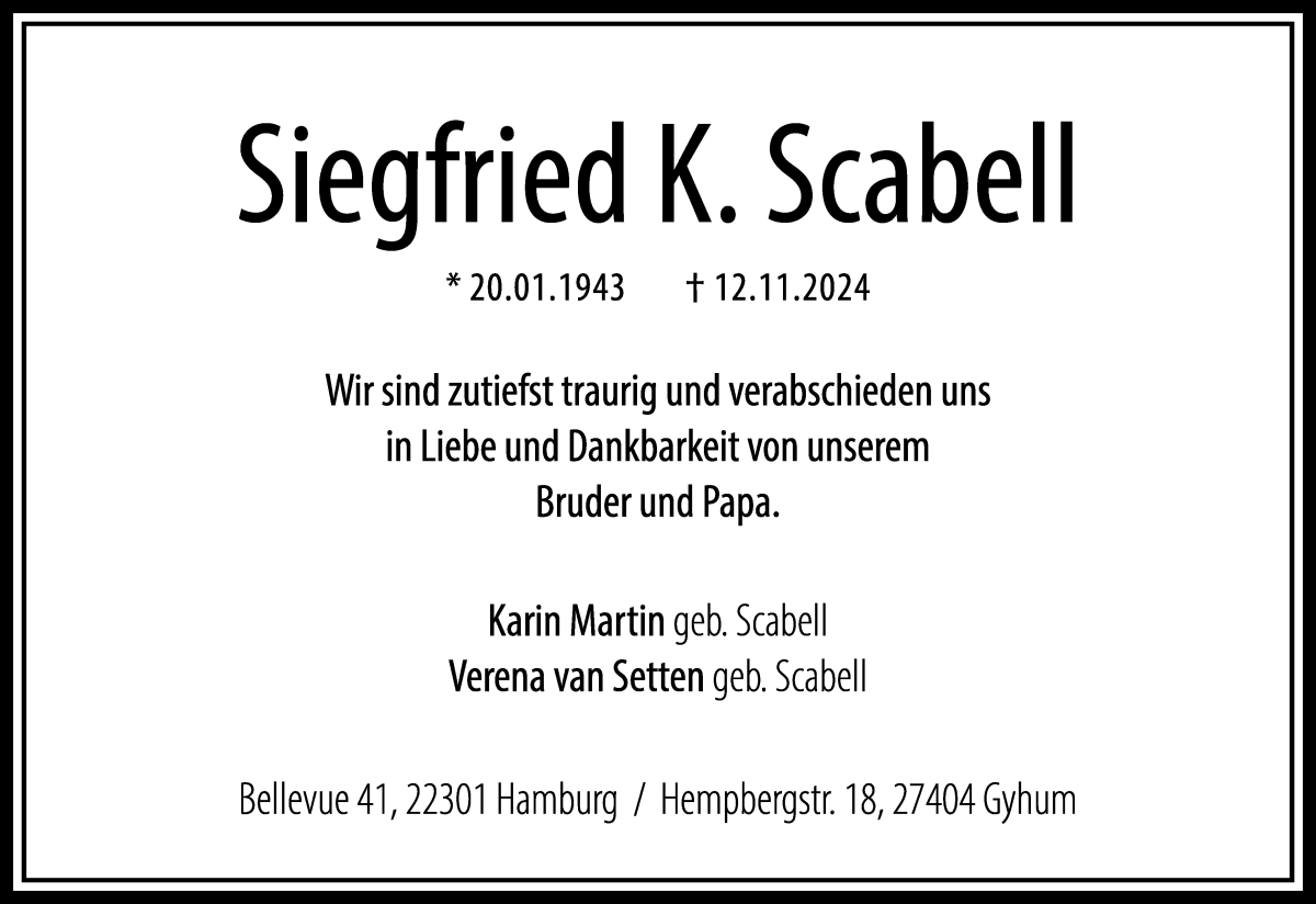 Traueranzeige von Siegfried Scabell von WESER-KURIER