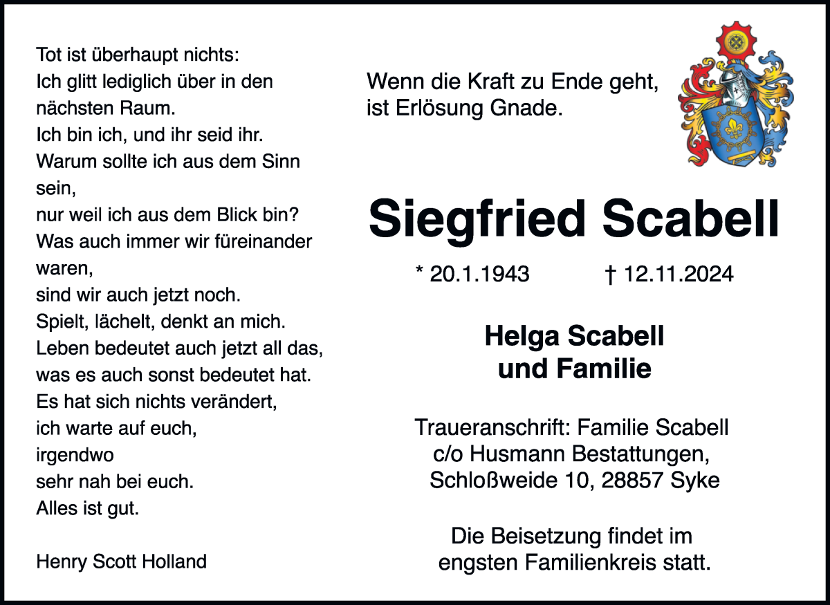 Traueranzeige von Siegfried Scabell von WESER-KURIER