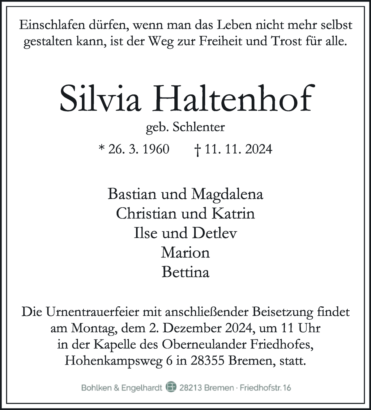Traueranzeige von Silvia Haltenhof von WESER-KURIER