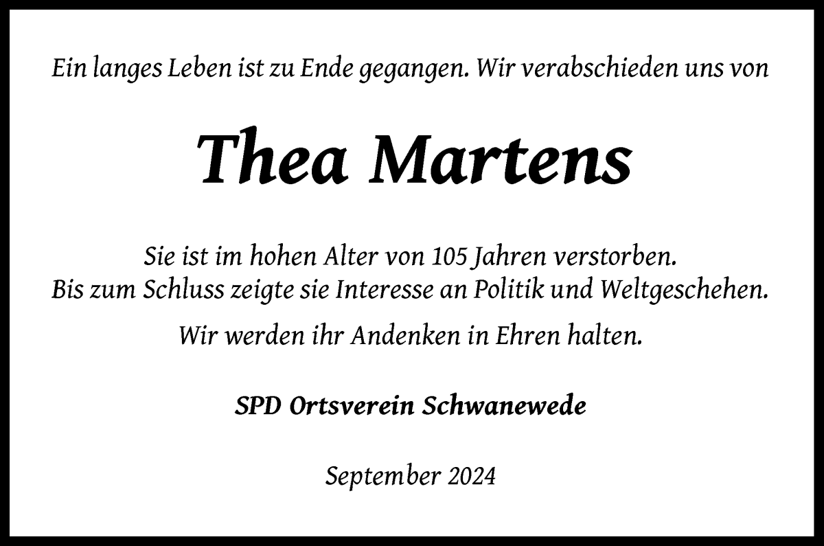Traueranzeige von Thea Martens von Die Norddeutsche