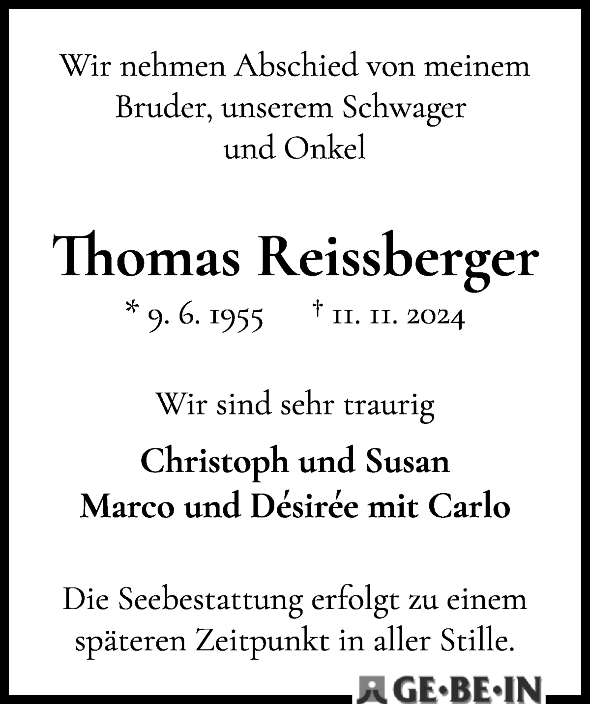 Traueranzeige von Thomas Reissberger von WESER-KURIER