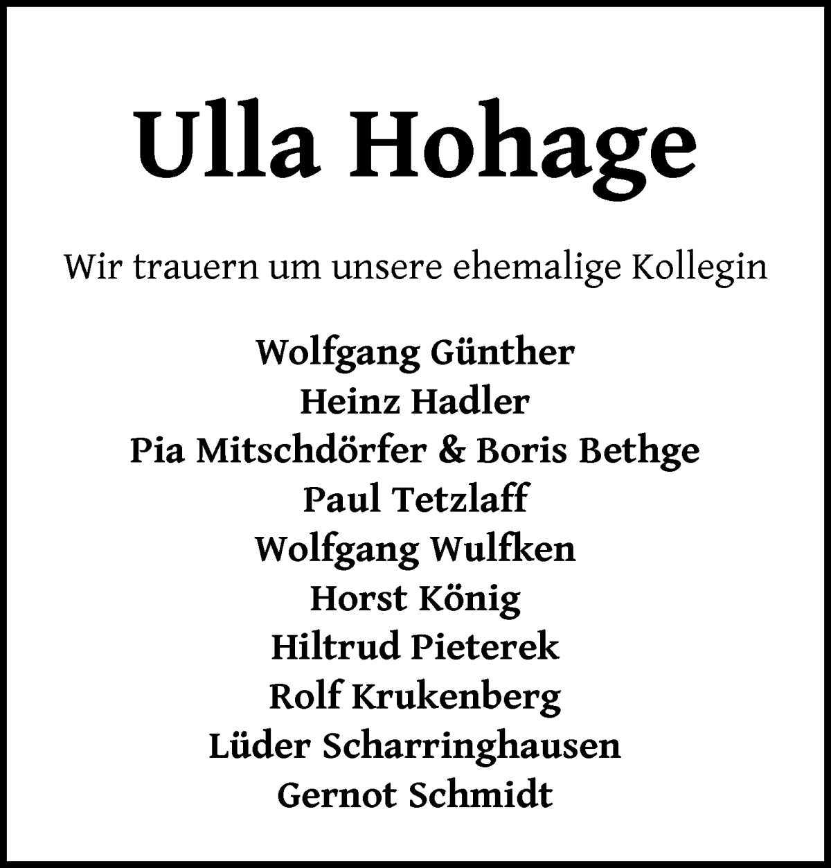 Traueranzeige von Ulla Hohage von WESER-KURIER