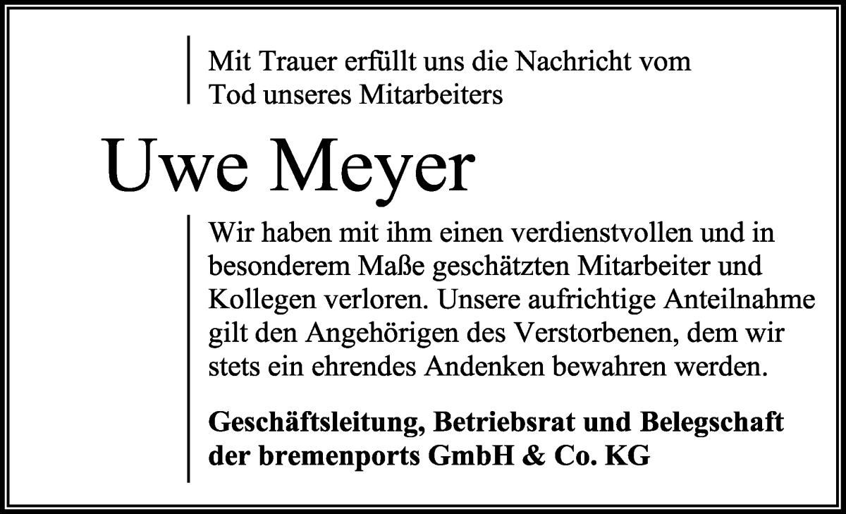 Traueranzeige von Uwe Meyer von WESER-KURIER