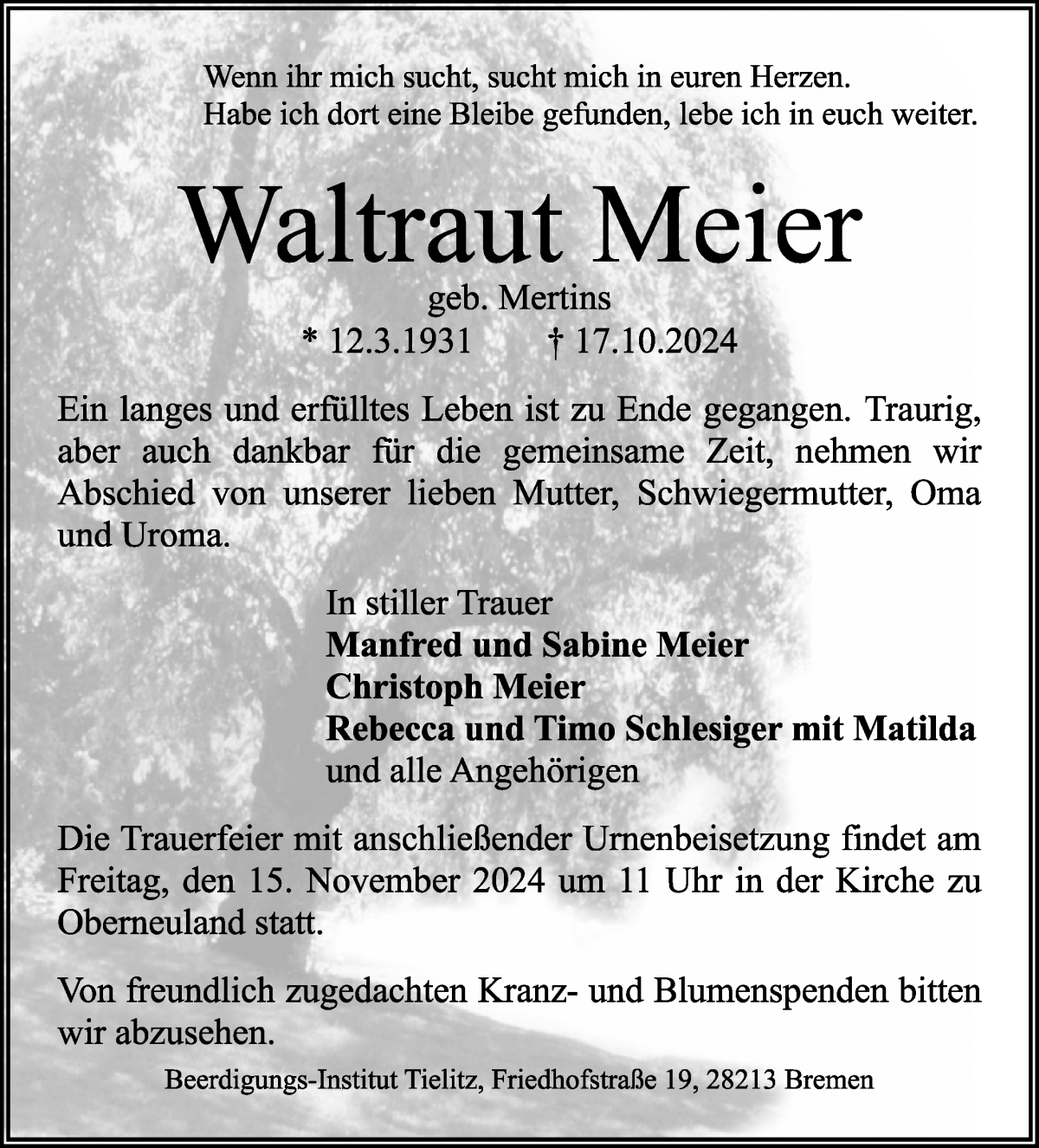 Traueranzeige von Waltraud Meier von WESER-KURIER