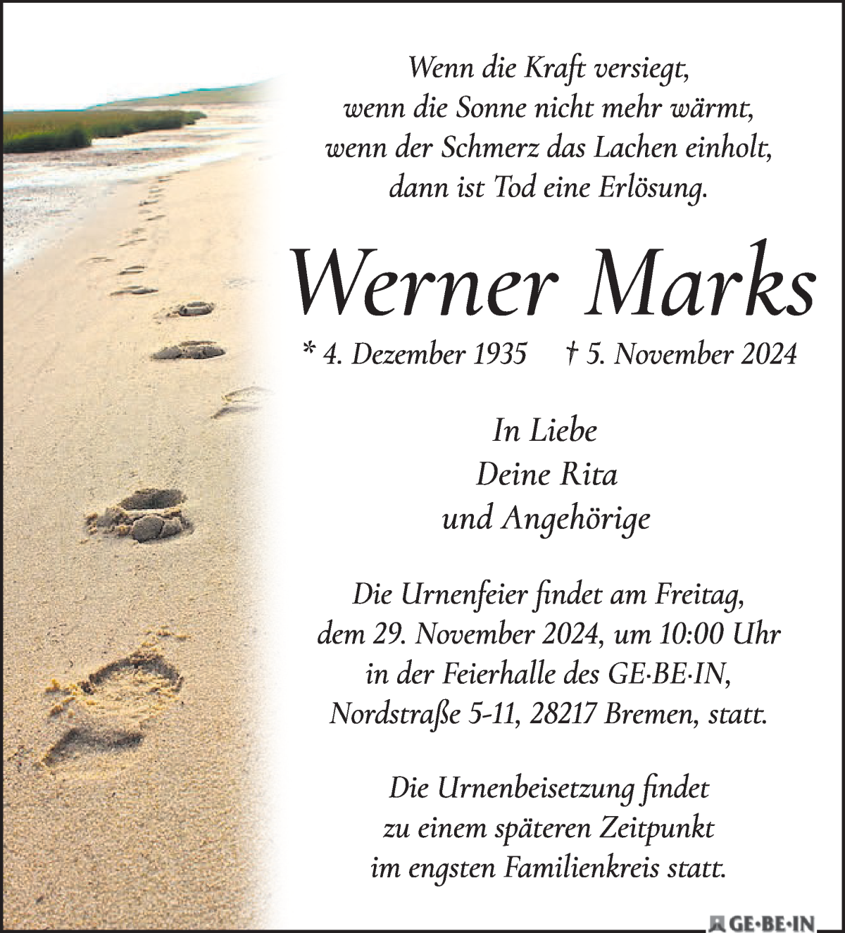 Traueranzeige von Werner Marks von WESER-KURIER