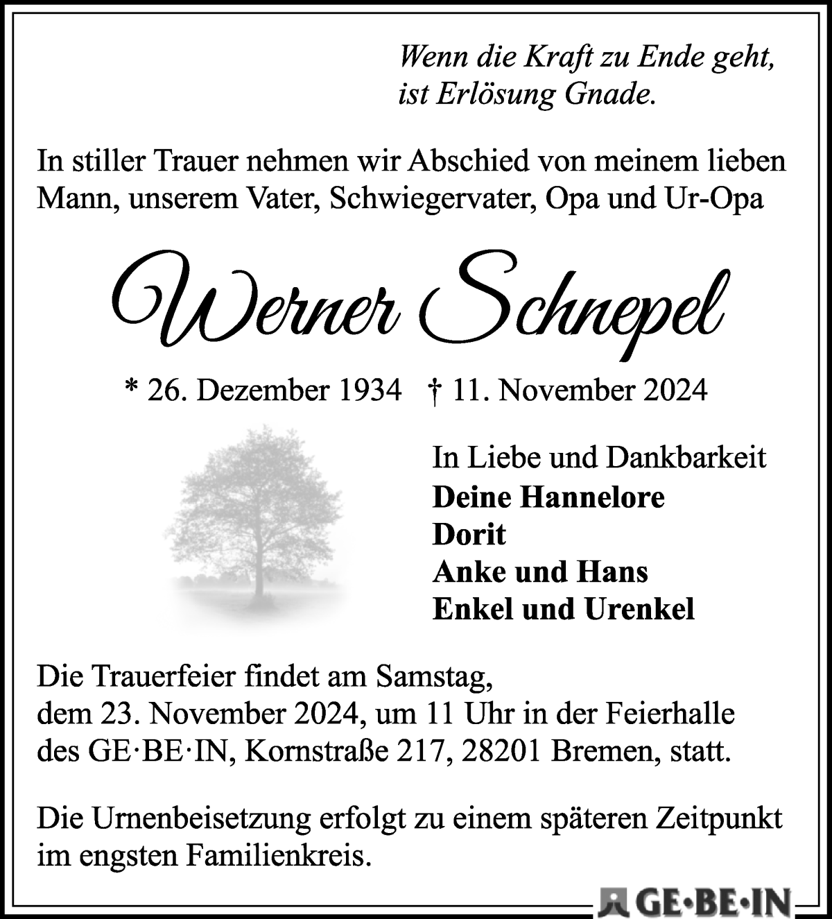 Traueranzeige von Werner Schnepel von WESER-KURIER