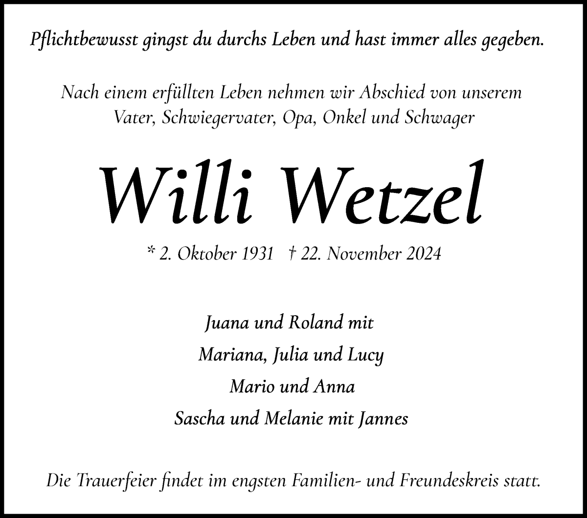 Traueranzeige von Willi Wetzel von WESER-KURIER